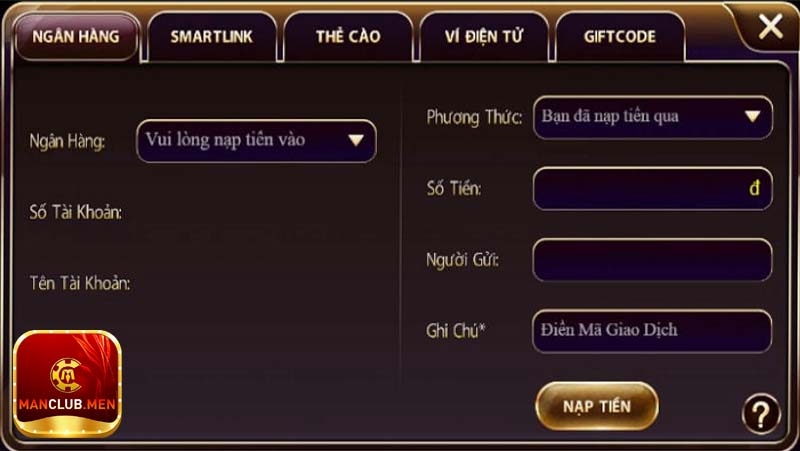 Hướng dẫn nạp tiền manclub 24h